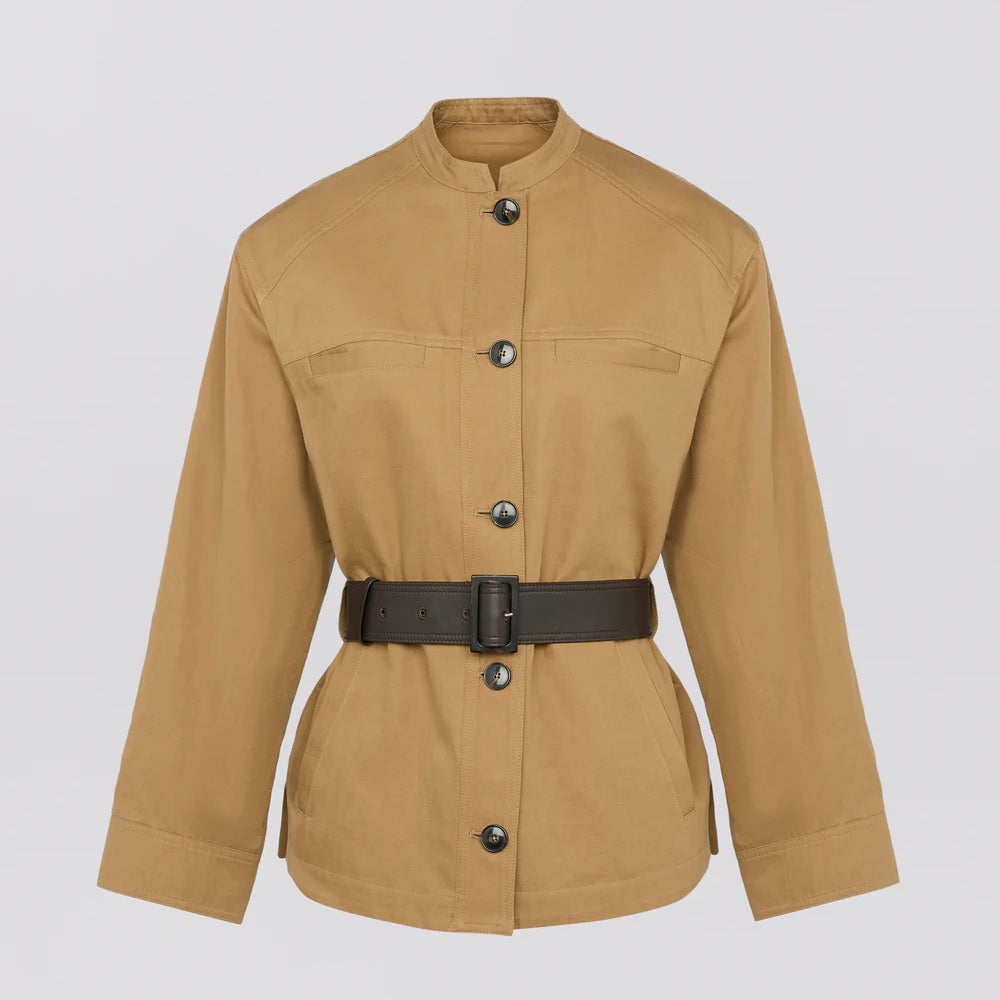 Belted jacket in cotton-linen fabric