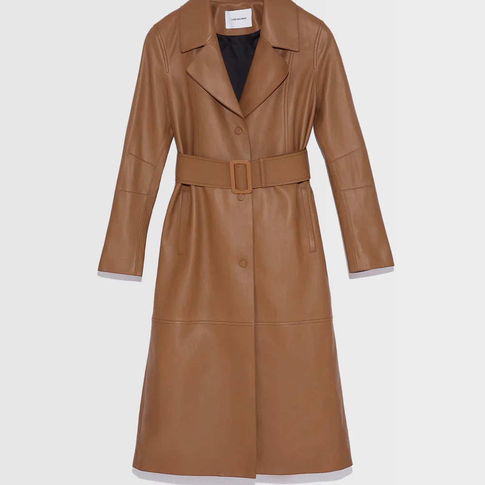 Long lamb leather trench coat