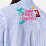 Woman striped print cotton over shirt Brigitte with front and back St. Tropez embroidery