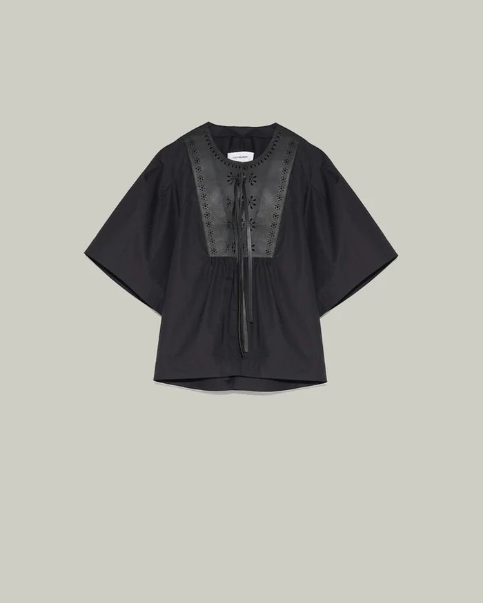 Cotton Poplin Blouse with Perforated Leather Breastplate - The Line