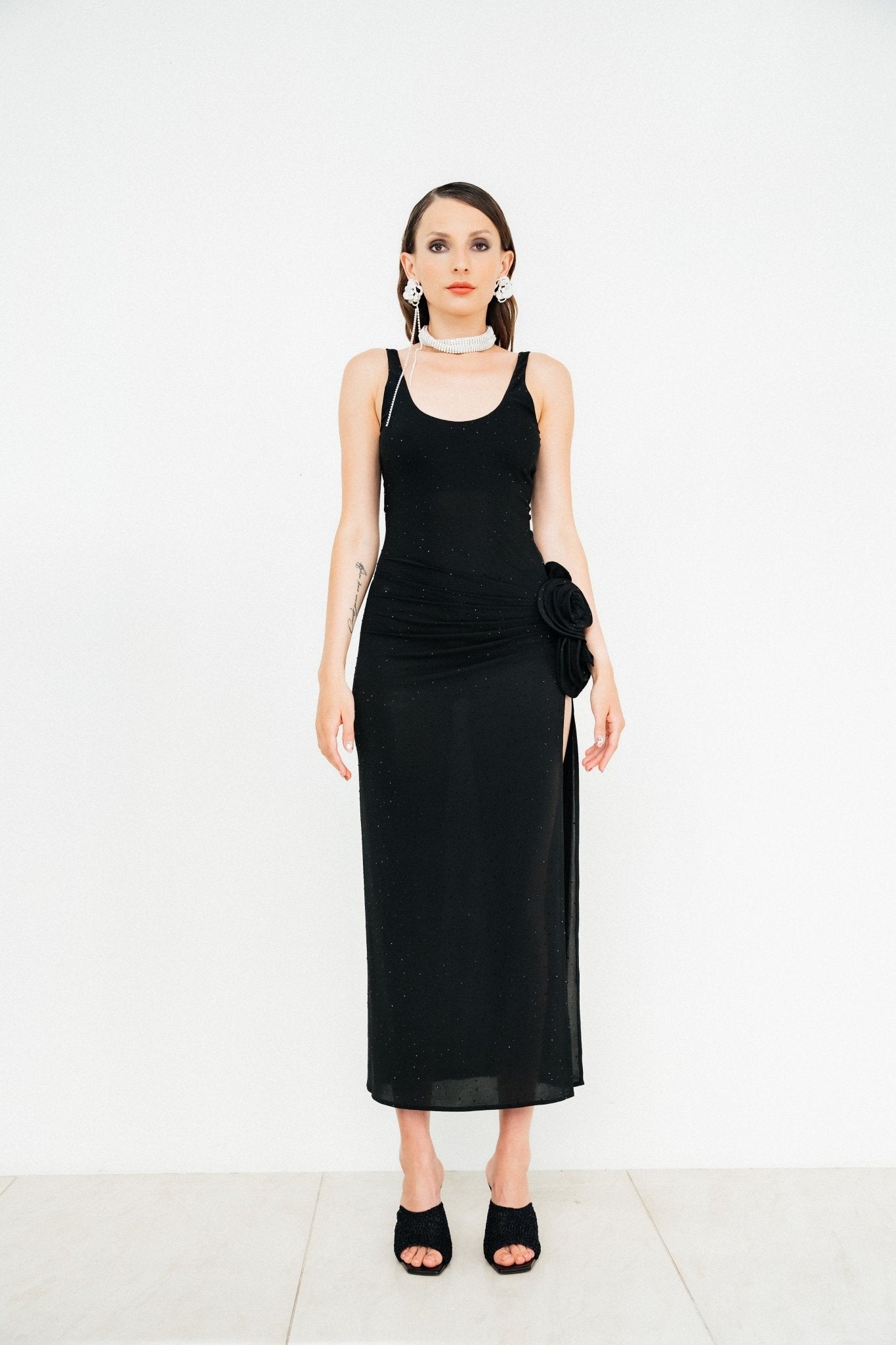 Crystal jersey scoop neck midi dress in black by Magda Butrym - The Line