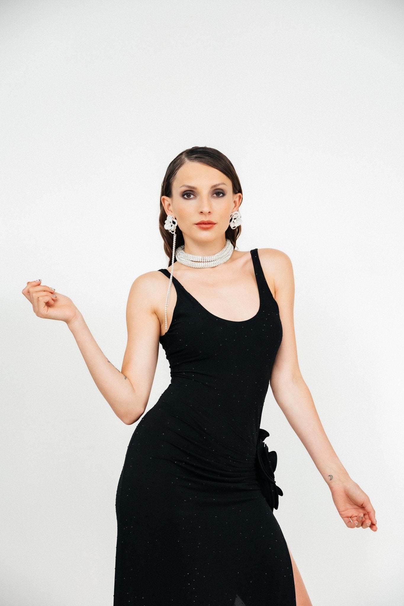 Crystal jersey scoop neck midi dress in black by Magda Butrym - The Line