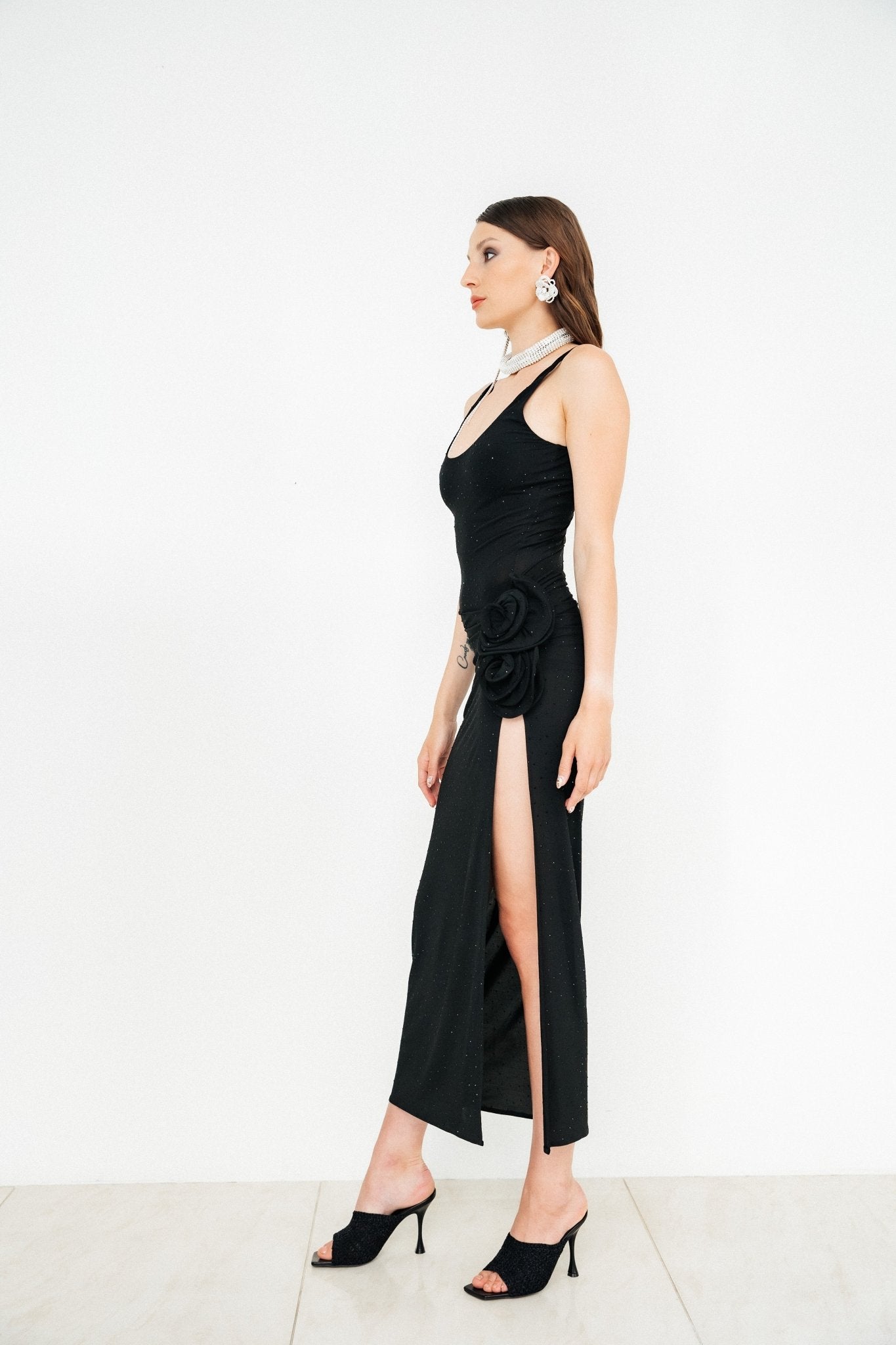 Crystal jersey scoop neck midi dress in black by Magda Butrym - The Line