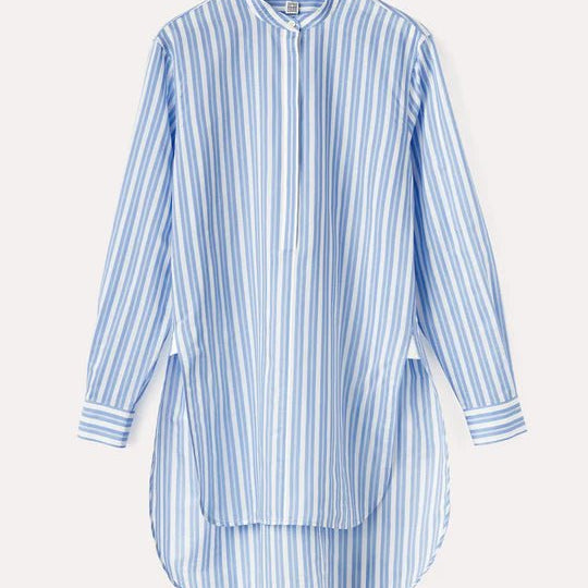 Long Cotton Silk Shirt Cornflower Stripe by Toteme - The Line